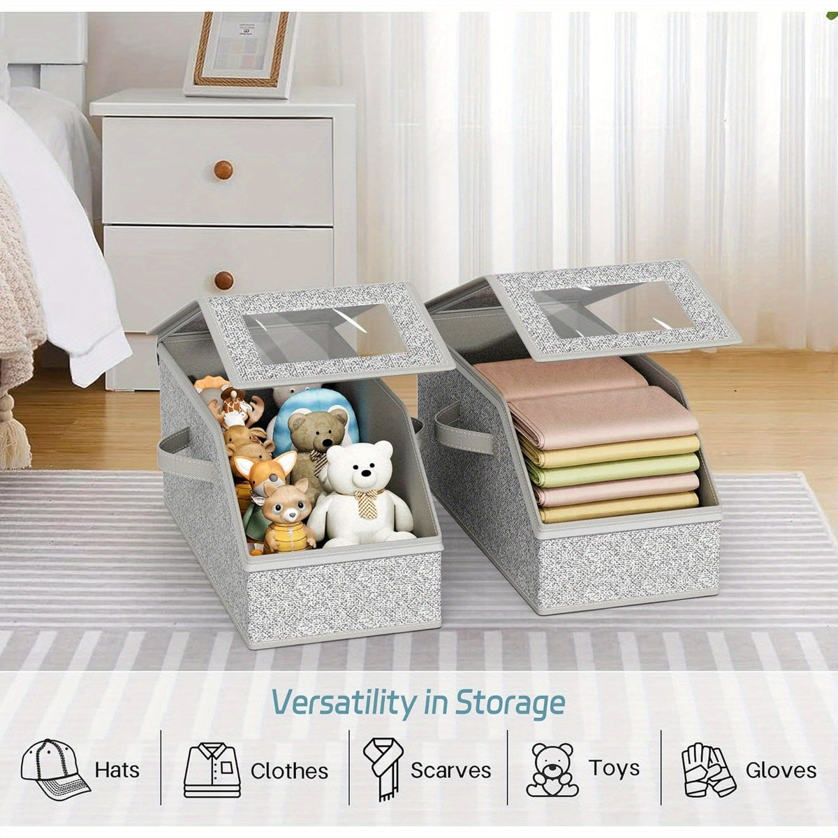 Stackable Baseball Cap Storage Boxes with Clear Viewing Window, Gray Hat Organizers in 2 or 4-Piece Sets for Closet Shelves, Socks and Small Accessories