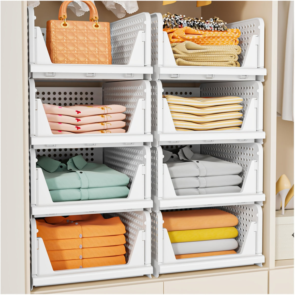 Stackable Closet Storage Baskets, 3-Piece Foldable Organizer Set with Listed 16.73 x 13.11 x 7.2 Inch Bins for Clothes, Files and Household Essentials