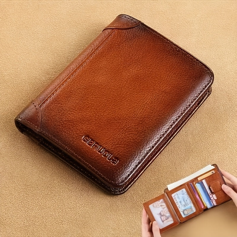 RFID Blocking Leather Wallet for Men with Listed Two ID Windows and Vintage Short Design, Yellow Brown, Grey Blue and Black Bifold Style Options