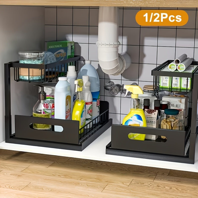 Under Sink Organizer in Black with 2-Tier Slide-Out Storage, Pull-Out Cabinet Shelf for Kitchen and Bathroom Essentials, Single or Two-Pack Options