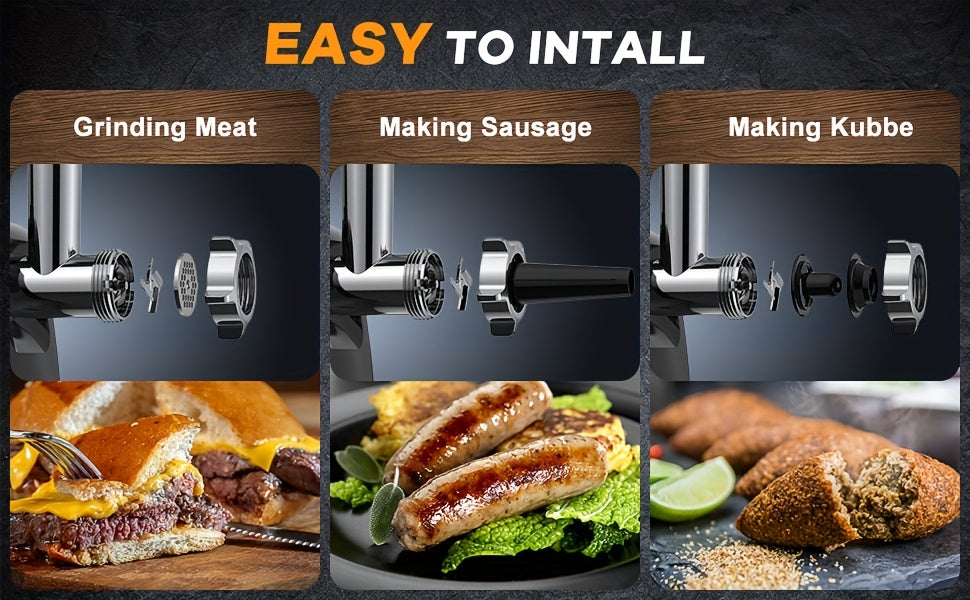 Electric Meat Grinder CHEFFANO TM-090-N with Two Blades, Three Grinding Plates, Sausage Tube and Kubbe Kit, Stainless Steel Home Grinder with Listed 2000W Max Power