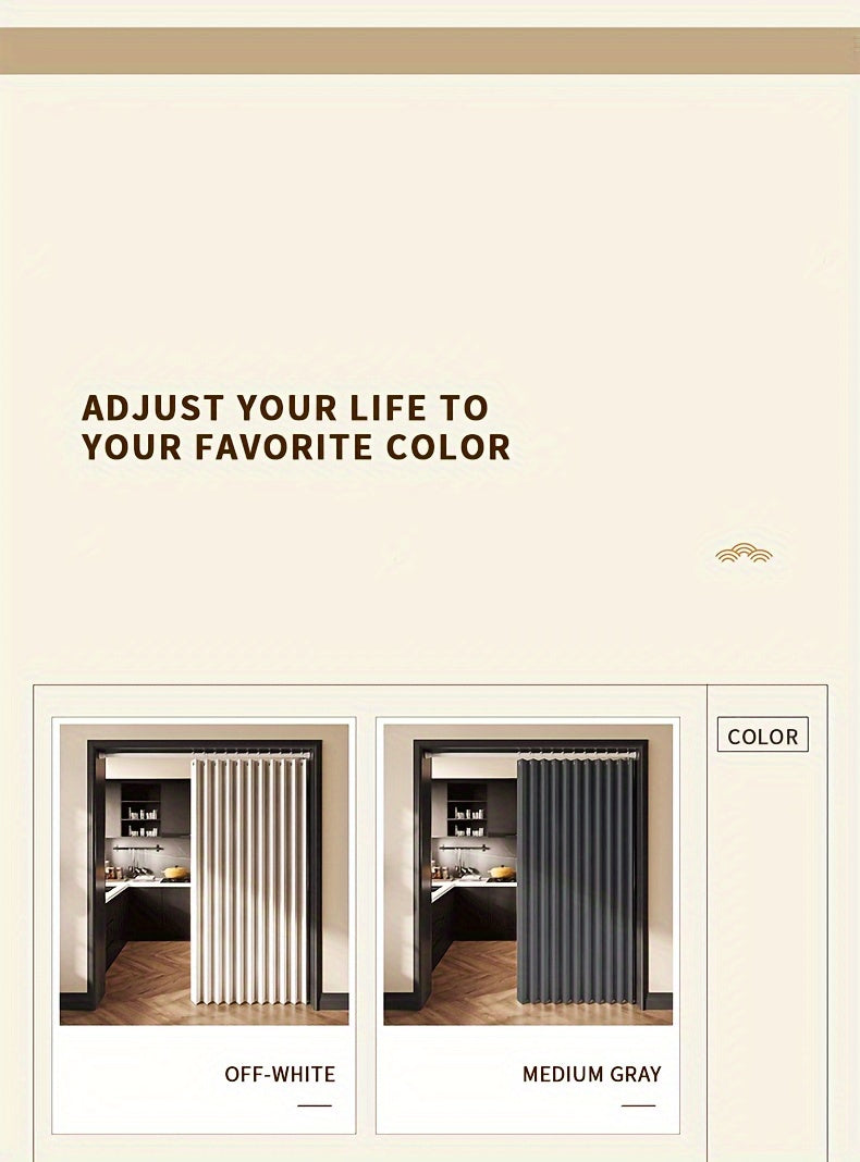 Accordion Door Curtain in Polyester with Hooks and Storage Straps, Foldable Room Divider Panel in Four Colors and Two Unfolded Sizes for Home Interiors