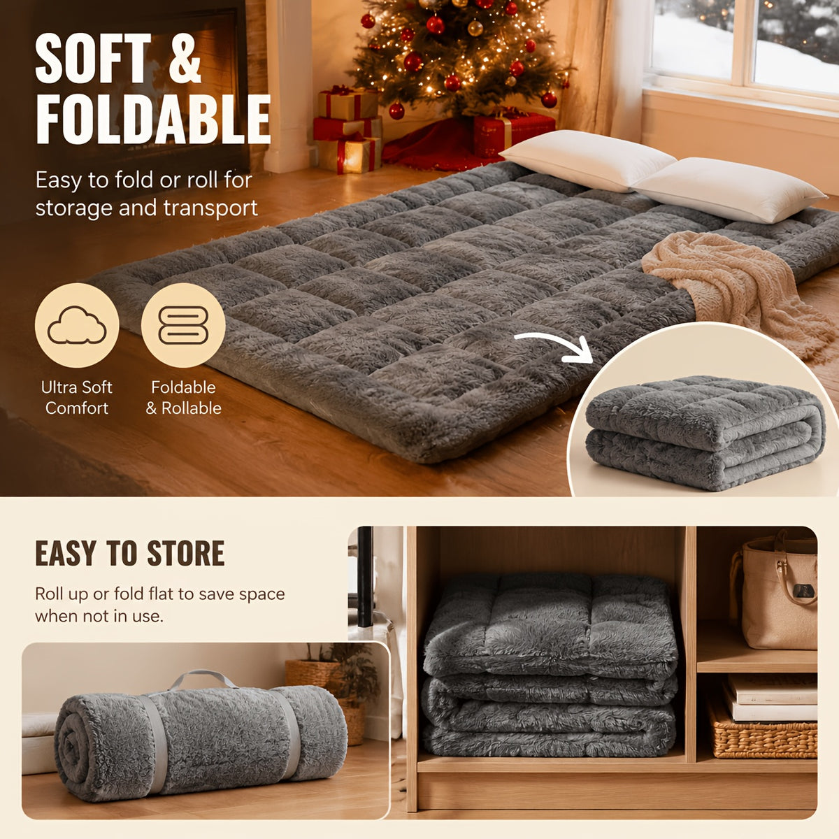 Foldable Floor Mattress with Listed Soft Fluffy Feel and Tatami-Style Design, Seven Color Choices and Twin, Full, Queen or King Labels for Guest Room Lounging