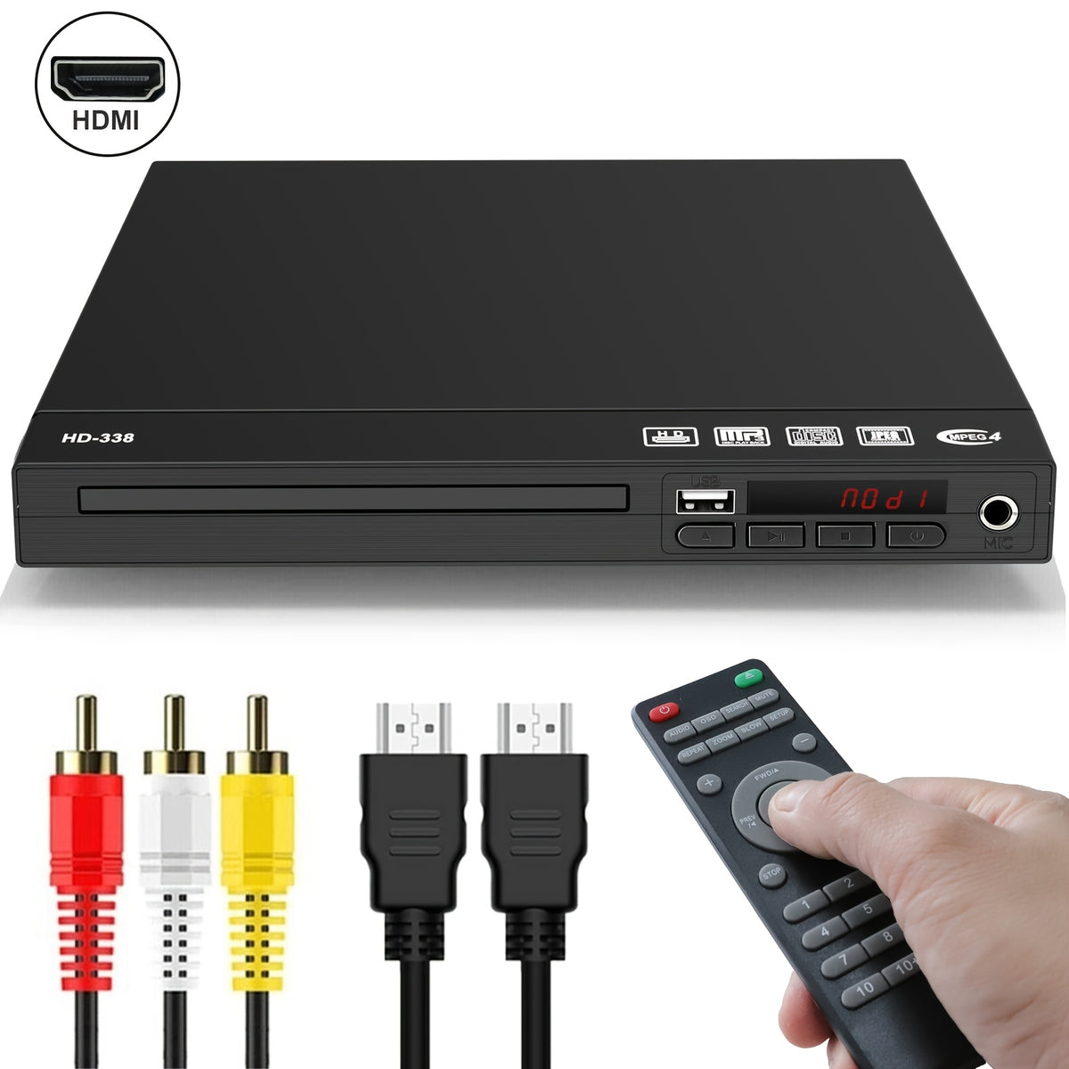Region-Free DVD Player in Black HDTV Version with Listed 1080P Output, HDMI and RCA Connections, USB Media Playback, CD and MP3 Support and Remote Control
