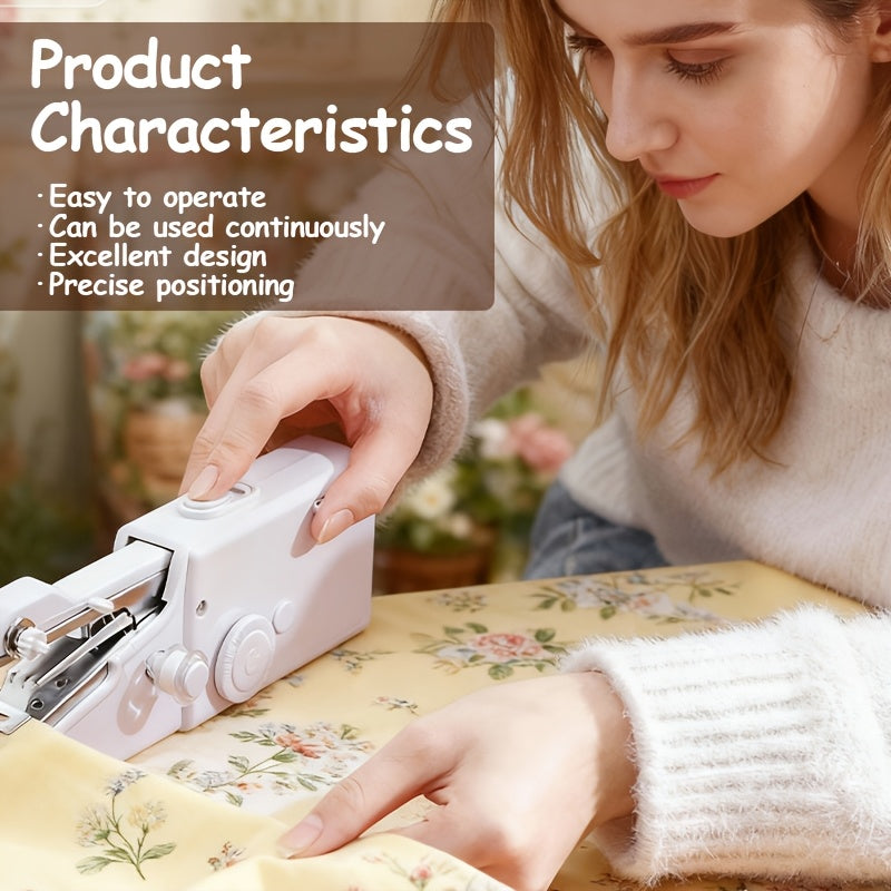 Handheld Sewing Machine Kit in Black or White, Battery-Powered Portable Fabric Tool with Needle, Threader, Spool Pin, Fabric Sample and Two Bobbins for Sewing Tasks