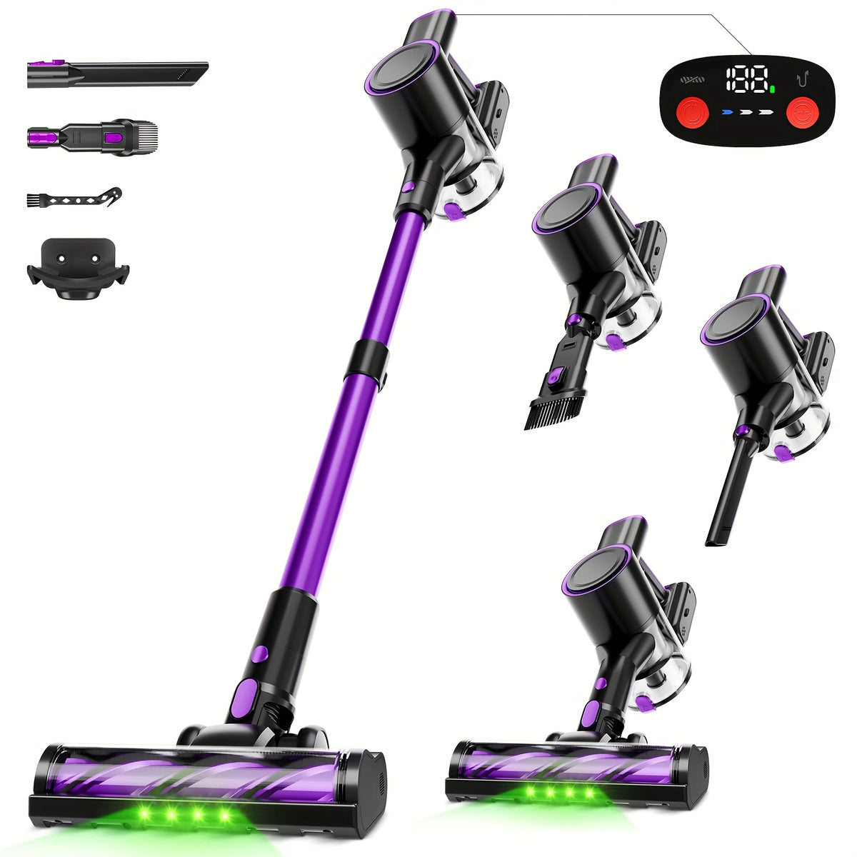Green LED Vacuum Cleaner with Listed Anti-Tangle Brush, Removable Battery and Multiple Suction Levels, Eight Color Options for Home Floor and Pet Hair Cleanup