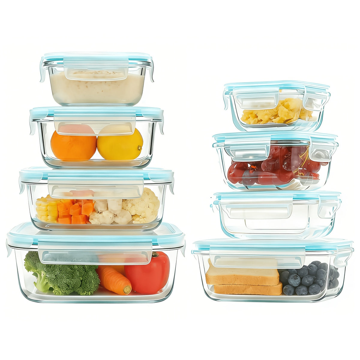 Glass Food Storage Containers for Bento Lunch Portions and Everyday Meal Prep, Listed Eight-Piece Kitchen Organization Set in Pink, Gray, Blue or Green