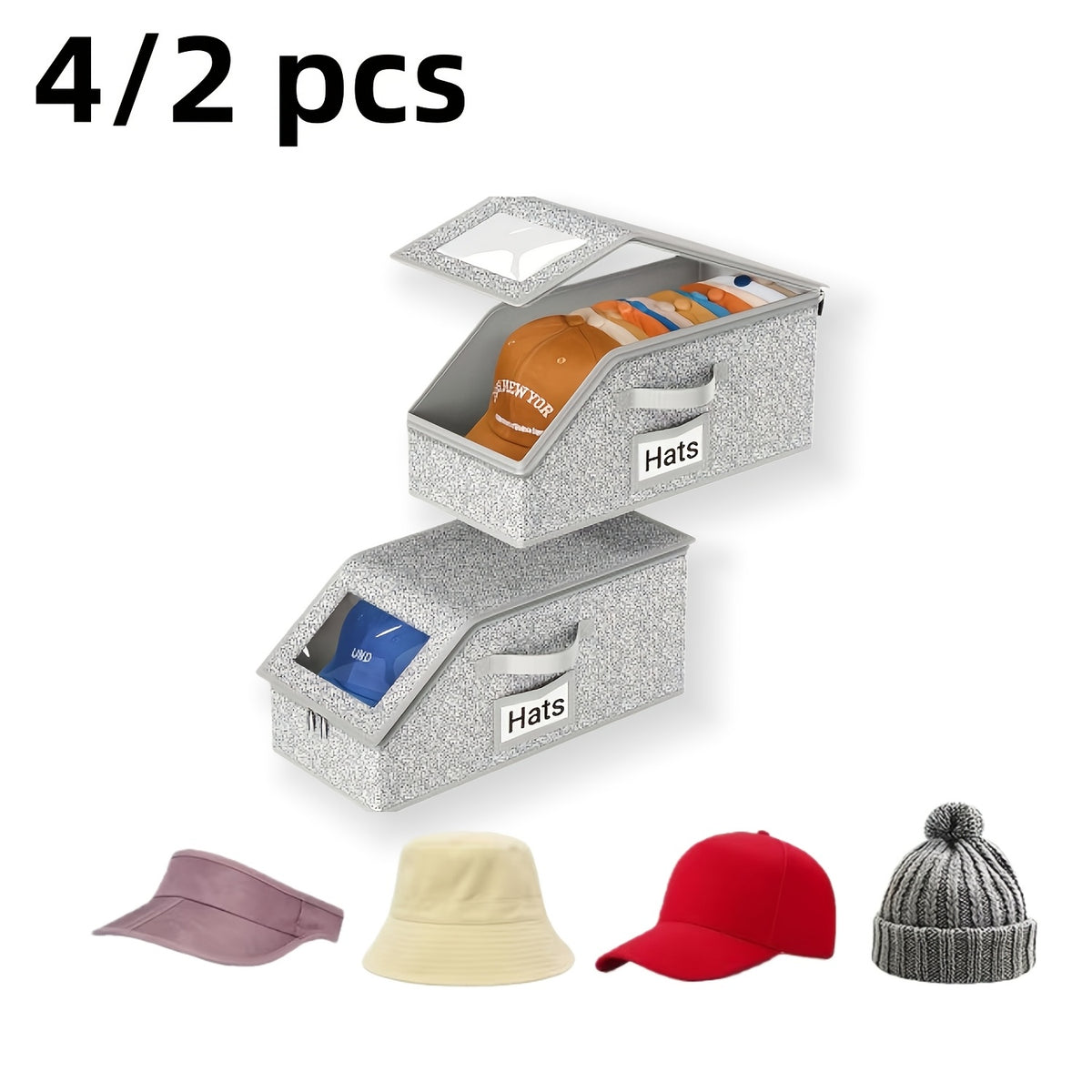 Stackable Baseball Cap Storage Boxes with Clear Viewing Window, Gray Hat Organizers in 2 or 4-Piece Sets for Closet Shelves, Socks and Small Accessories