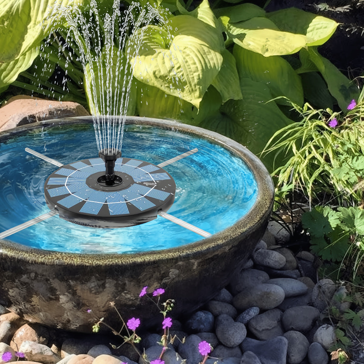 Solar Powered Water Fountain DT-505 with 4 Transparent Support Rods and 6 Spray Nozzles, Round Plastic Fountain Unit for Garden Pond and Courtyard Decor