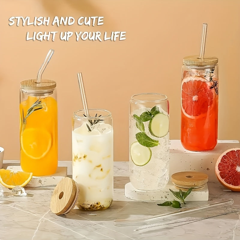 Iced Coffee Glass Set with 16oz Mason Jar Style Mugs, Bamboo Lids and Straws for Reusable Cold Beverage Serving at Home, Brunch Gatherings and Gift Giving