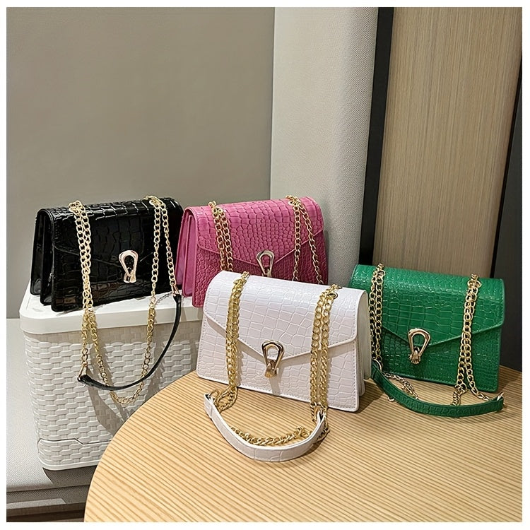 Reptile-Pattern Crossbody Bag for Women with Chain Strap Styling and Gold-Tone Hardware, White, Green or Rose Red Shoulder Purse for Casual and Evening Outfits