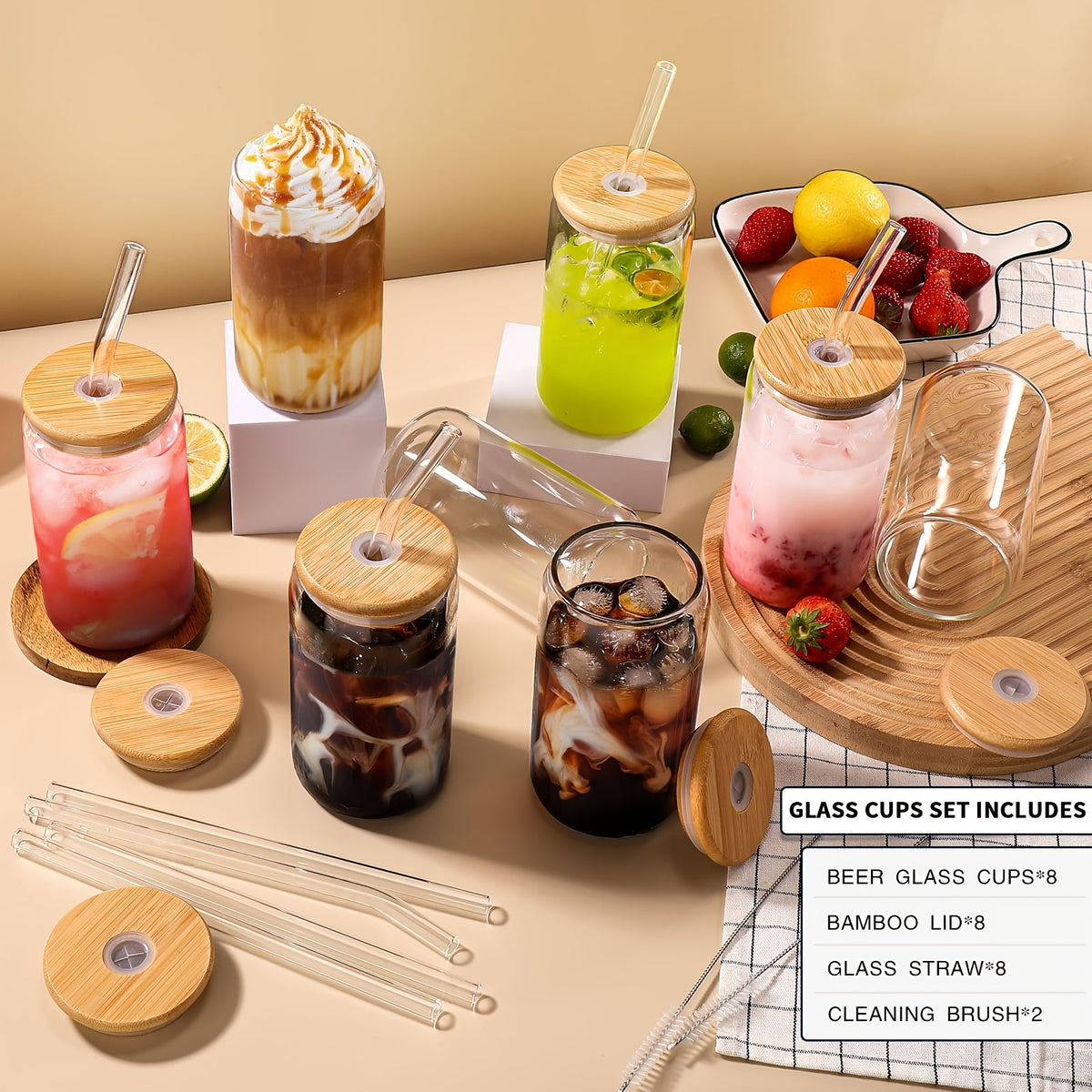 Iced Coffee Glass Set with 16oz Mason Jar Style Mugs, Bamboo Lids and Straws for Reusable Cold Beverage Serving at Home, Brunch Gatherings and Gift Giving