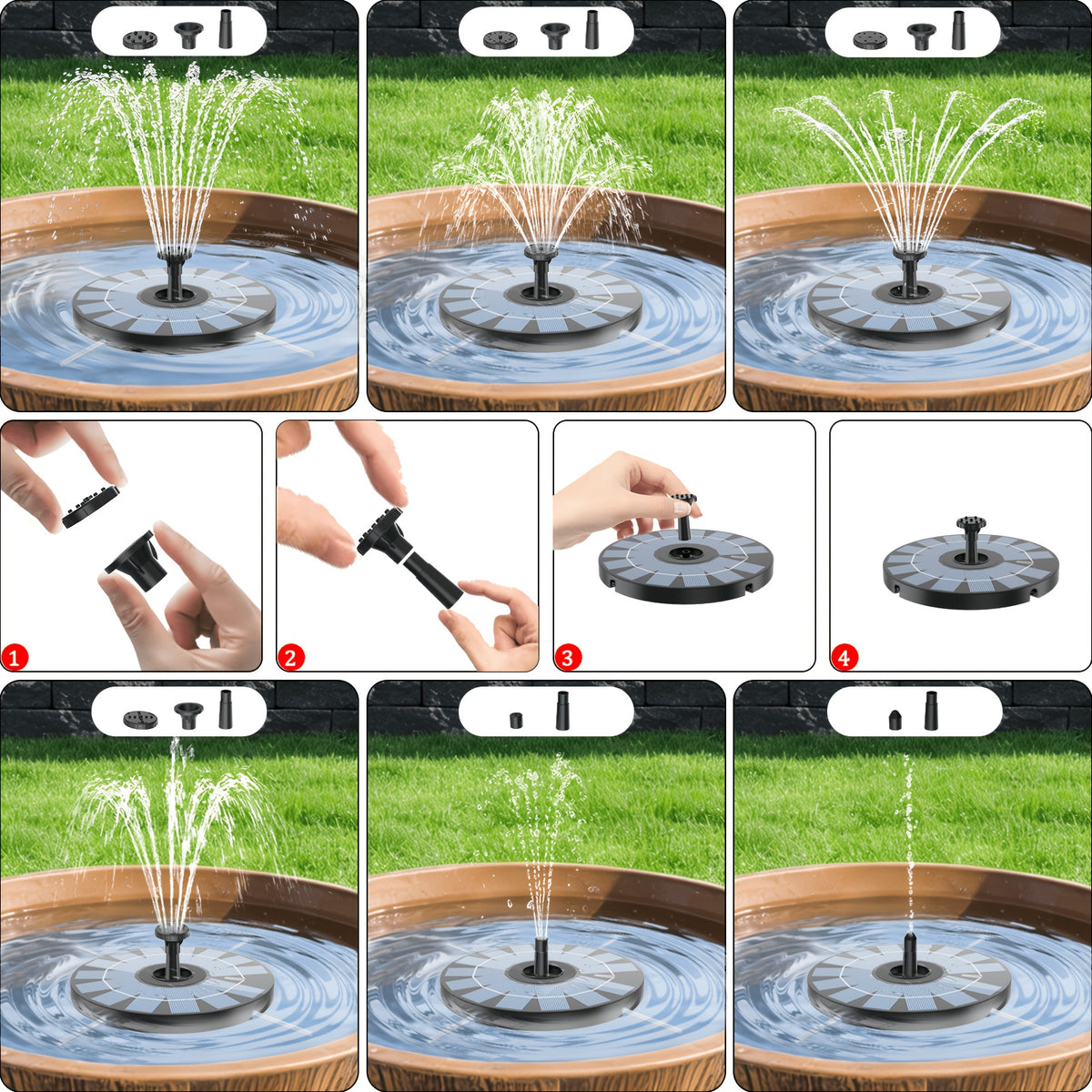 Solar Powered Water Fountain DT-505 with 4 Transparent Support Rods and 6 Spray Nozzles, Round Plastic Fountain Unit for Garden Pond and Courtyard Decor