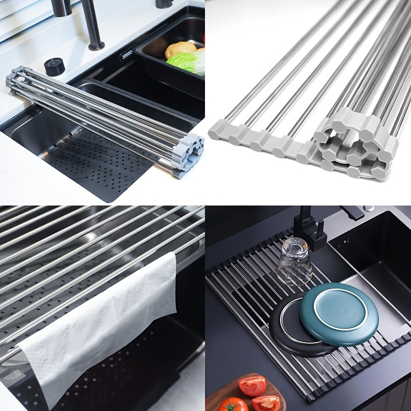 Roll-Up Dish Drying Rack, Stainless Steel Over-the-Sink Draining Mat in Black or Gray, Single-Piece Rollable Kitchen Rack for Tableware and Fruit