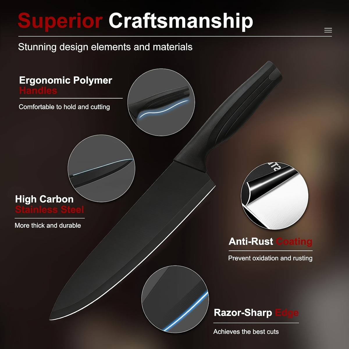 Kitchen Knife Set with Black Storage Block, Listed 15-Piece Collection with Chef's Knife, Kitchen Shears and High Carbon Stainless Steel for Home Meal Preparation