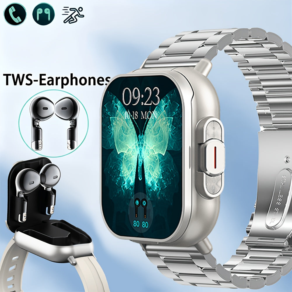 2-in-1 Smartwatch and Wireless Earbuds for Men with Music Control, Sports Modes and Activity Insights, Black or Silvery Watch and Steel Strap Options