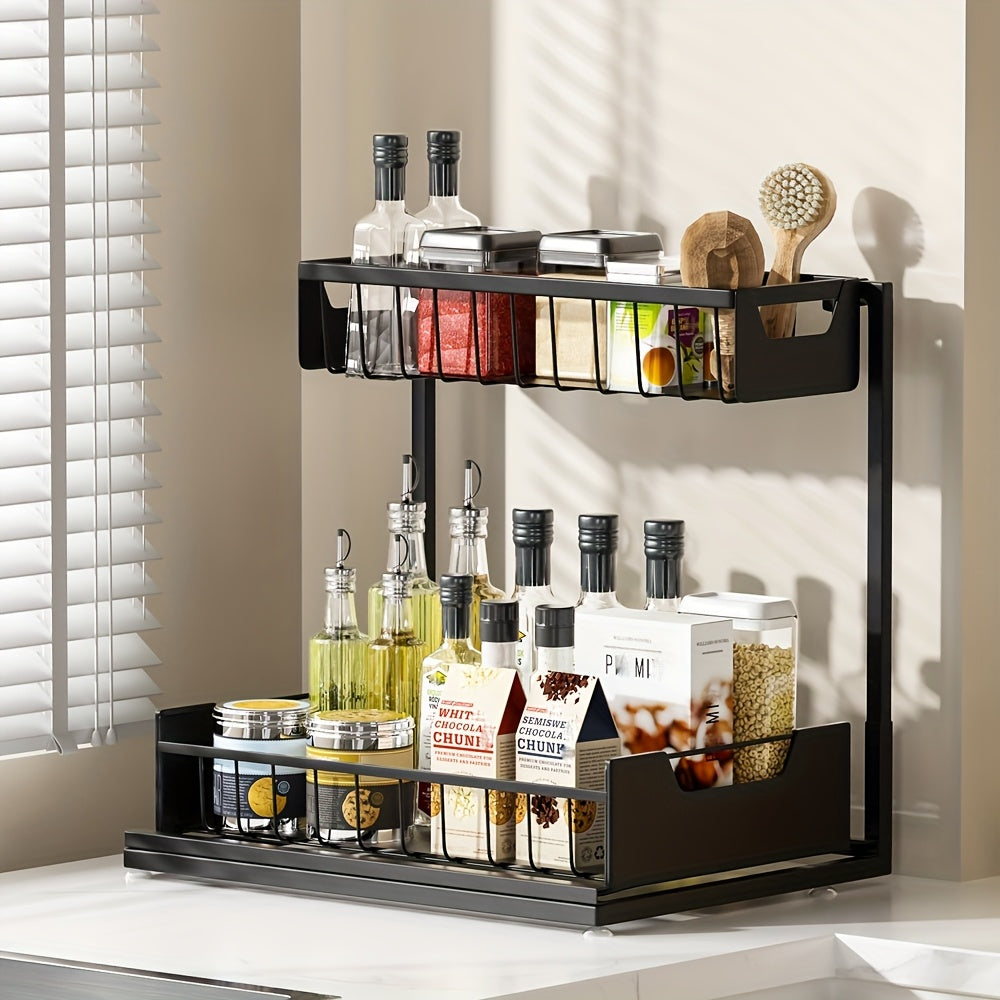 Two-Tier Sliding Under Sink Organizer for Kitchen and Bathroom Cabinets, Metal Pull-Out Storage Rack in Black, White or Gray with Single and Two-Pack Options