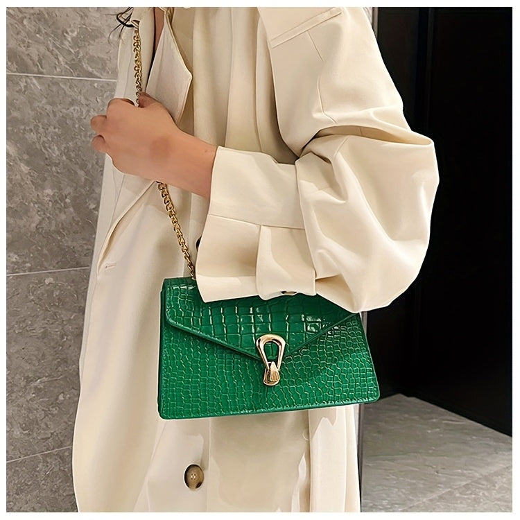 Reptile-Pattern Crossbody Bag for Women with Chain Strap Styling and Gold-Tone Hardware, White, Green or Rose Red Shoulder Purse for Casual and Evening Outfits