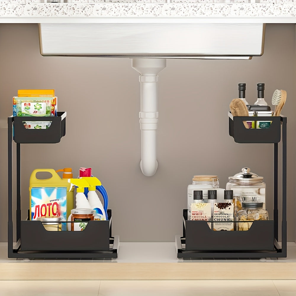 Two-Tier Sliding Under Sink Organizer for Kitchen and Bathroom Cabinets, Metal Pull-Out Storage Rack in Black, White or Gray with Single and Two-Pack Options