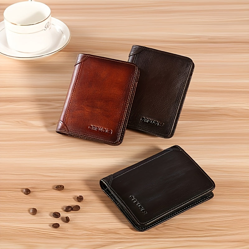 RFID Blocking Leather Wallet for Men with Listed Two ID Windows and Vintage Short Design, Yellow Brown, Grey Blue and Black Bifold Style Options