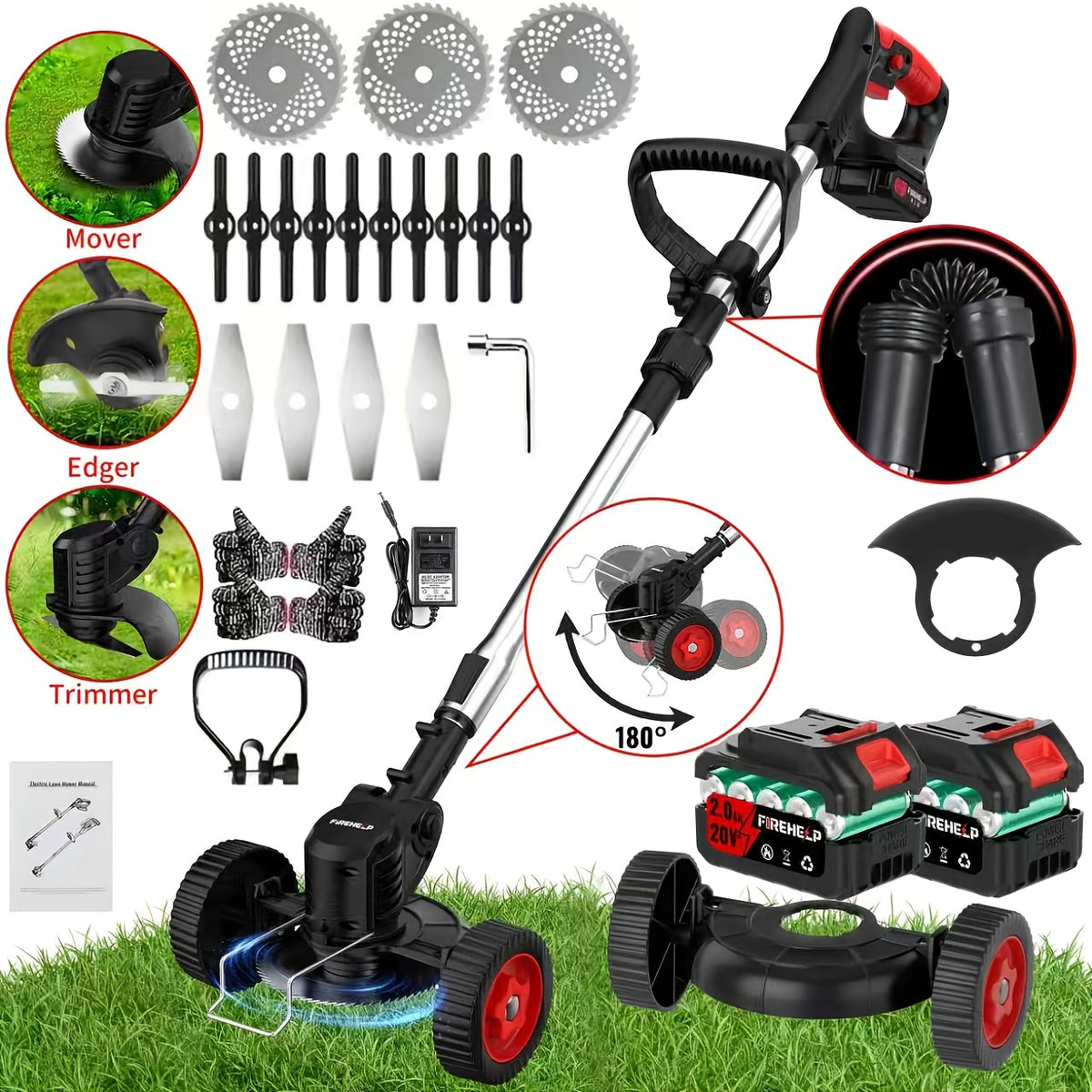 Rechargeable Garden Grass Trimmer with Cordless Electric Operation, Listed Three Blade Types and Selected Dual 2Ah Battery Packages for Home Lawn and Yard Care