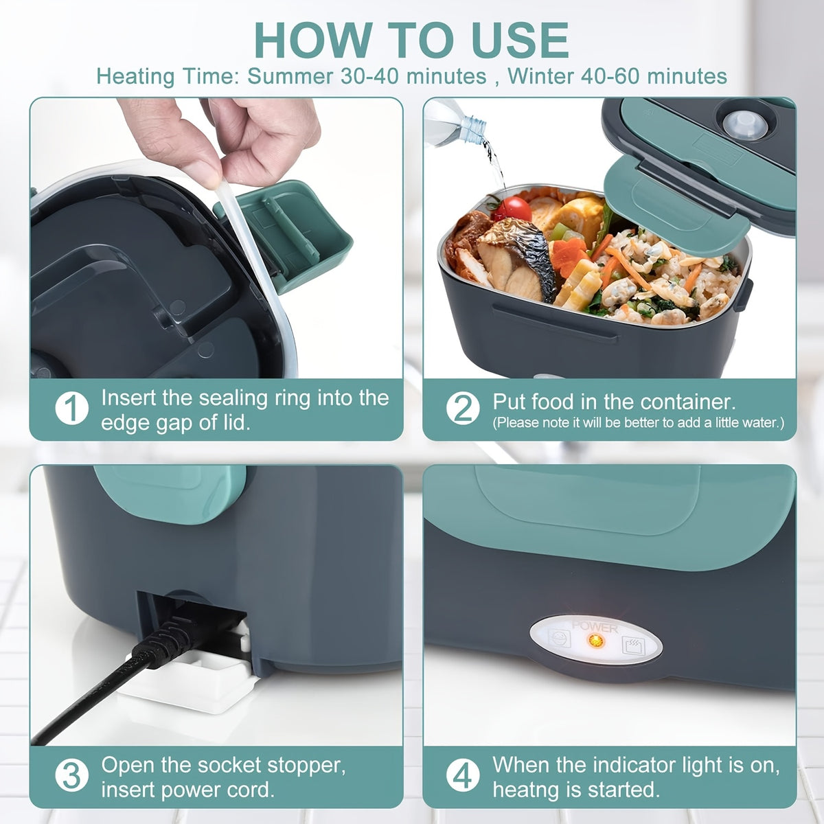 Electric Heated Lunch Box, 3-in-1 Portable Food Warmer with 304 Stainless Steel Container, 12V/24V Vehicle and 120V Home Power, Blue for Work and Travel