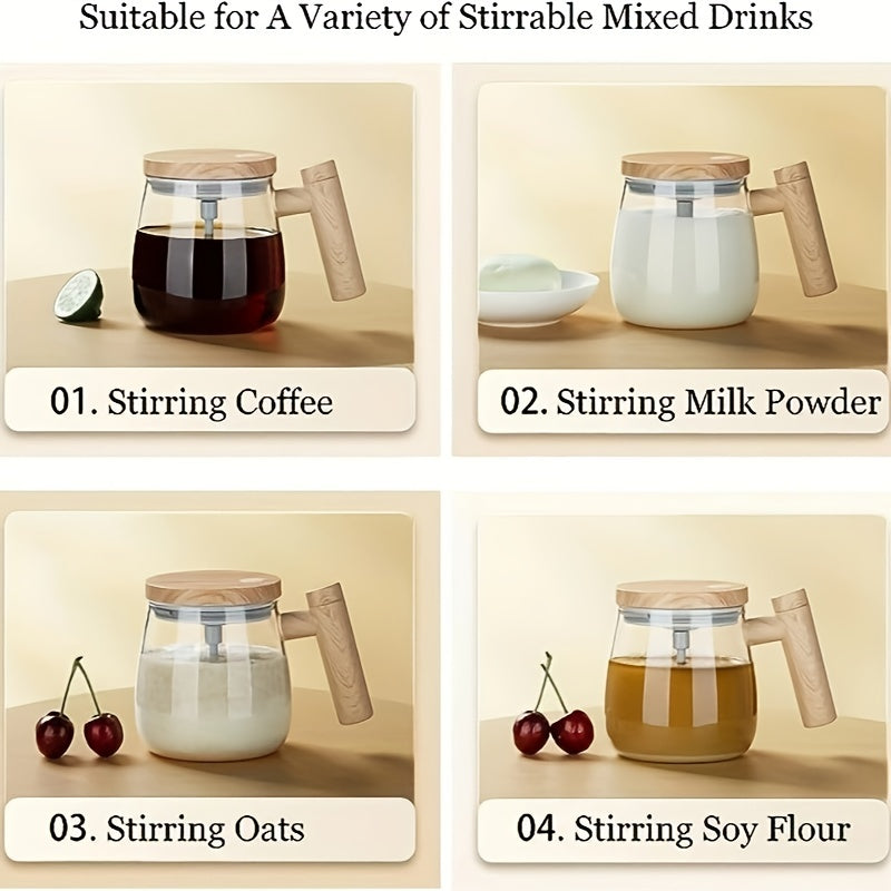 Self-Stirring Mug 400ml OBS-JB01 with Listed 8cm Stirring Bar, Borosilicate Glass and Imitation-Wood Plastic Design for Coffee, Milk and Compatible Powdered Drinks