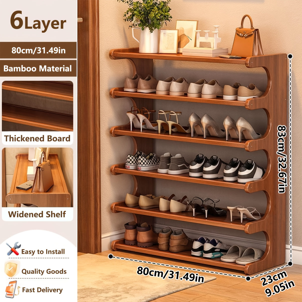 Freestanding Bamboo Shoe Organizer in Brown with Three, Five or Six Layers, Wood-Grain Footwear Storage Rack for Home Entryways, Hallways and Dorm Rooms