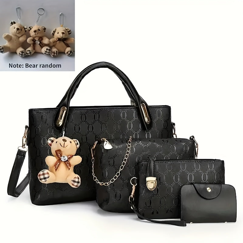 Women's Four-Piece Handbag Set with Random-Style Bear Pendant Reference, Black, Beige, Golden or Deep Blue Options for Daily Commuting and Casual Outings