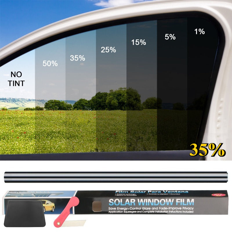 Black PET Car Window Tint Film with Six Percentage Model Labels, Listed 9.8-Foot by 20-Inch Roll with Scraper and Knife for Compatible Glass Projects
