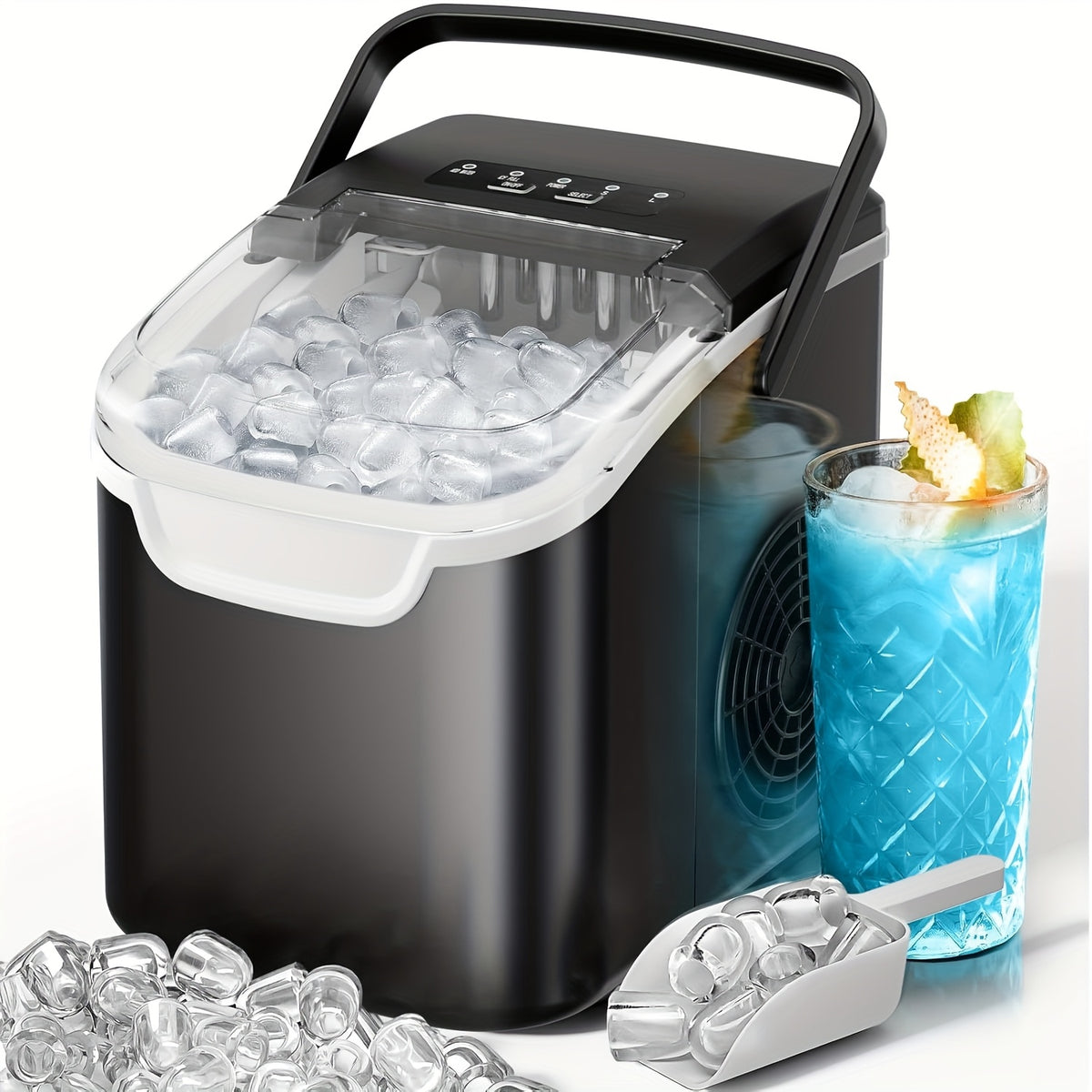 Selectable-Size Countertop Ice Maker with 26lb Daily Output Reference, Self-Cleaning Function, Interior Light, Basket and Scoop in White, Grey or Black-1
