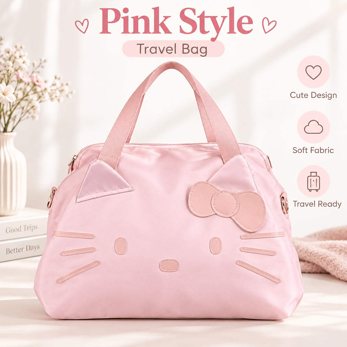 Bow Decorated Nylon Tote Bag with Hello Kitty Theme, Shoulder and Crossbody Carry for Daily Commutes, Gym Visits and Weekend Travel