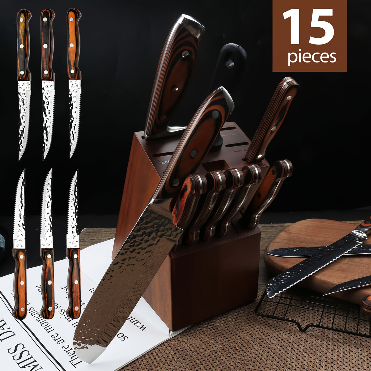 Hammered Kitchen Knife Set in Stainless Steel with Listed Wooden Handles, Storage Block and Sharpener for Home Cooking, 15-PCS or 20-PCS-Black Options