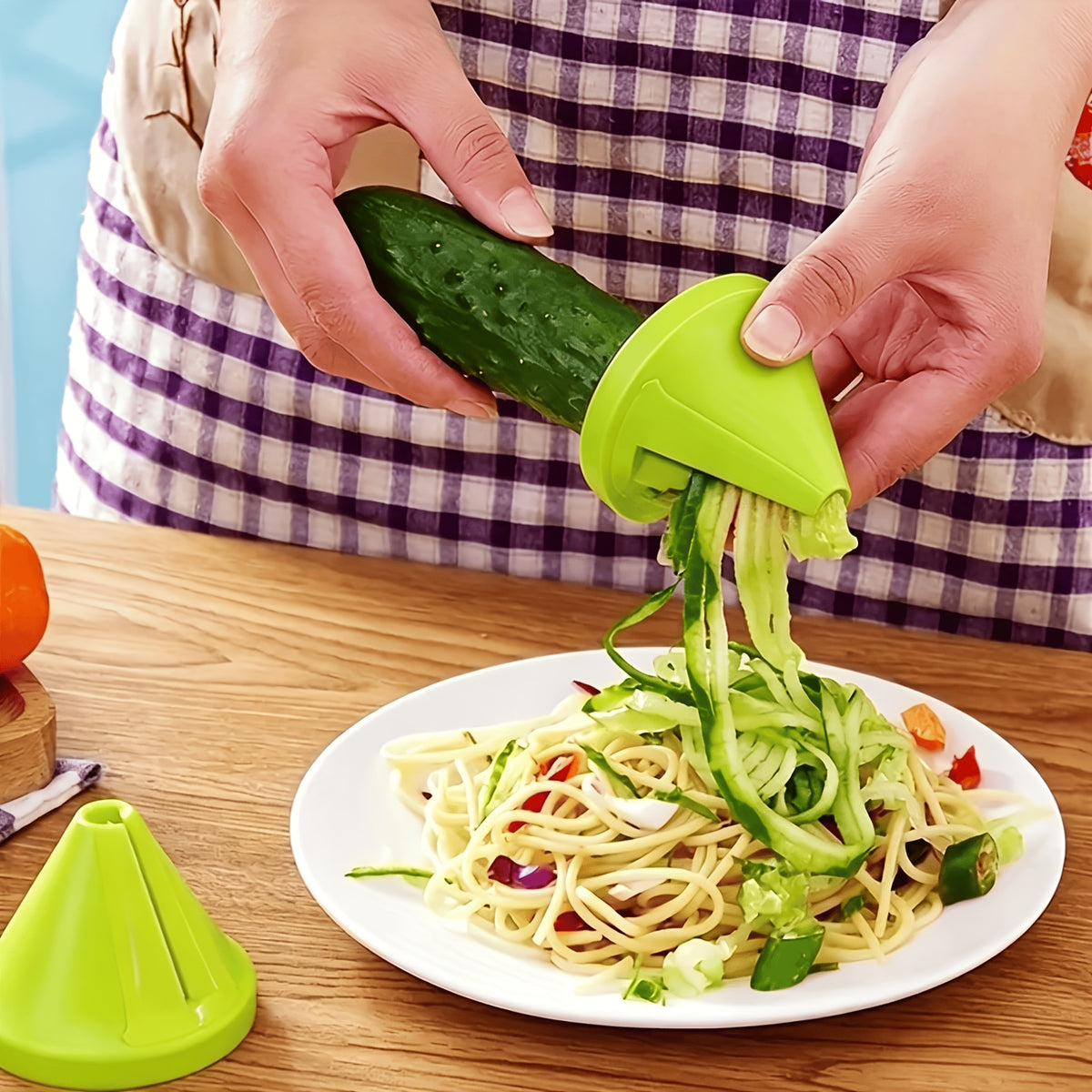 Conical Vegetable Shredder in Green, One-Piece Kitchen Prep Tool with Carrot and Cucumber Grating, Slicing and Peeling References for Fruit and Vegetables