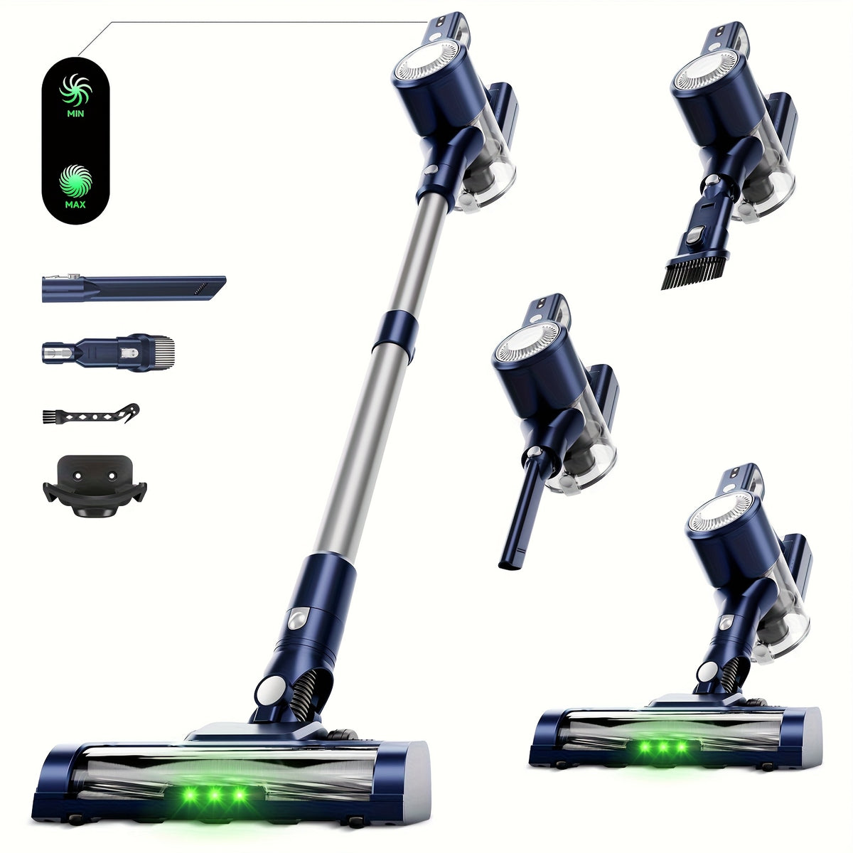 Green LED Vacuum Cleaner with Listed Anti-Tangle Brush, Removable Battery and Multiple Suction Levels, Eight Color Options for Home Floor and Pet Hair Cleanup
