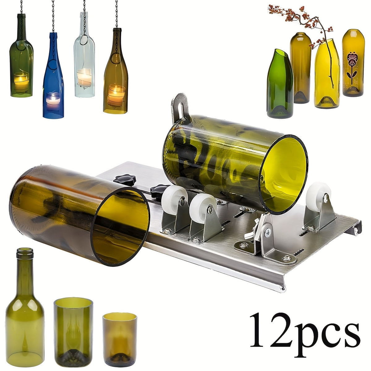 Glass Bottle Cutter Tool Set, 12-Piece or 20-Piece Selections for Adult Decorative DIY Projects with Compatible Square and Round Wine or Beer Bottles