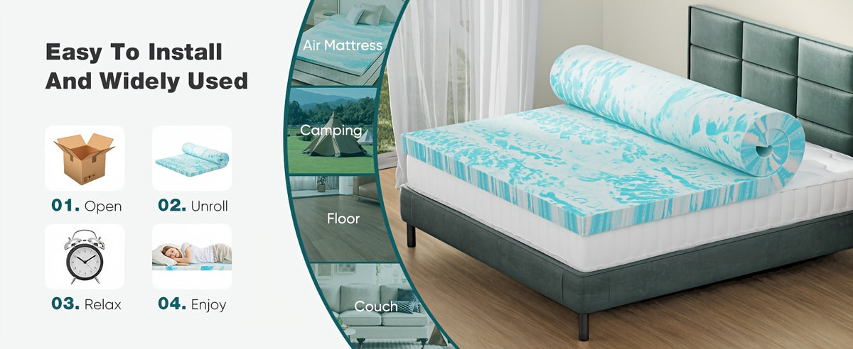Gel Memory Foam Mattress Topper in Blue with 2-Inch or 3-Inch Thickness Options, Soft Bedding Layer for Compatible Beds, Sleeper Sofas and RV Mattresses