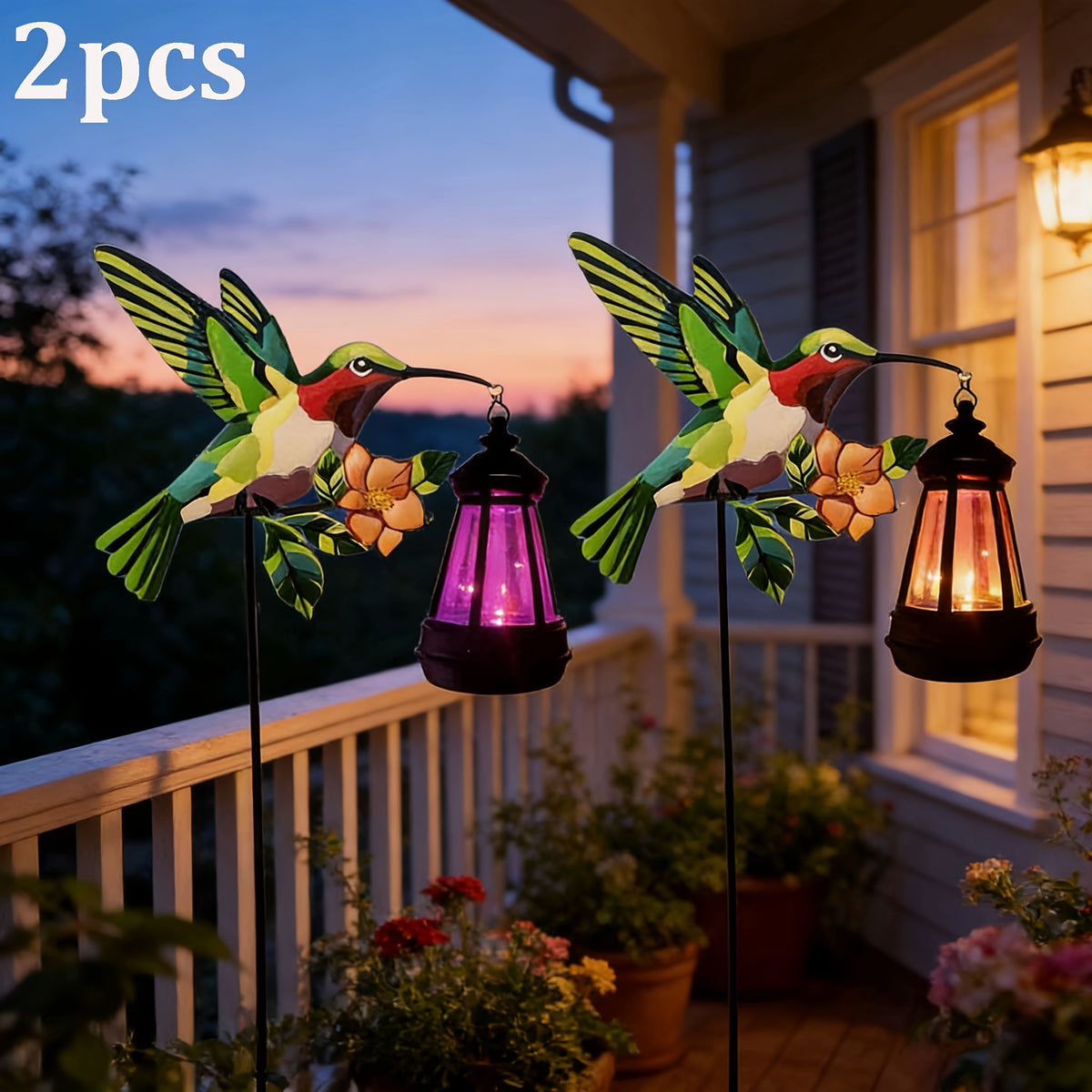 Solar Hummingbird Lantern Pair, Two-Piece Hanging Garden Light Set in Warm or Multicolor Options with Metal and Plastic Construction for Courtyard and Party Decor