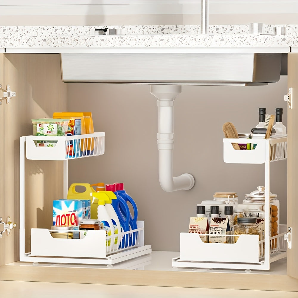 Two-Tier Sliding Under Sink Organizer for Kitchen and Bathroom Cabinets, Metal Pull-Out Storage Rack in Black, White or Gray with Single and Two-Pack Options