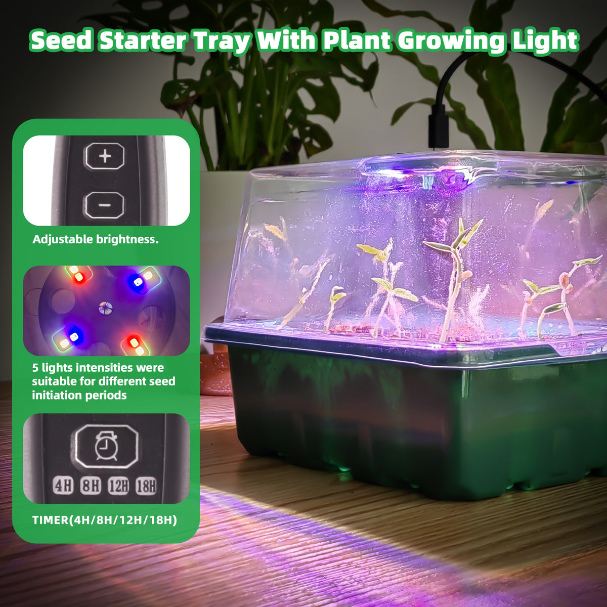 Seed Starting Trays with Grow Light, 5-Set Seedling Kit with Elevated Adjustable Humidity Domes and Clear Cell Trays for Greenhouse Gardening