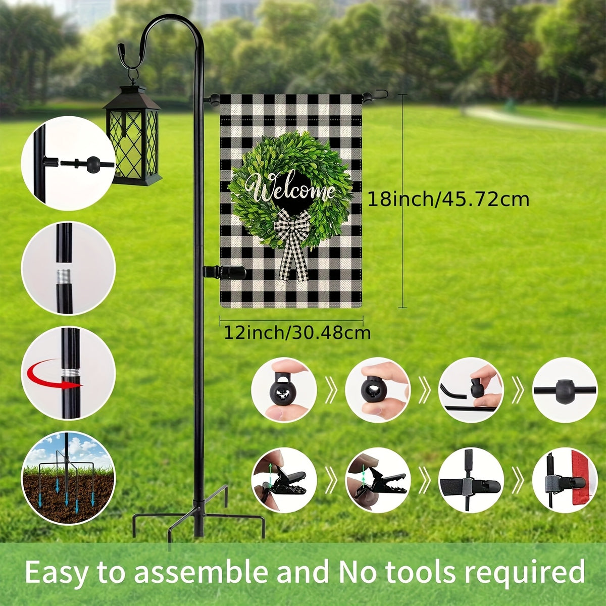 Garden Flag Holder with Clip and 2 Spring Stoppers, Powder-Coated Steel Stand with Shepherd Hooks for 12 x 18 Inch Seasonal Flags and Front Yard Decor