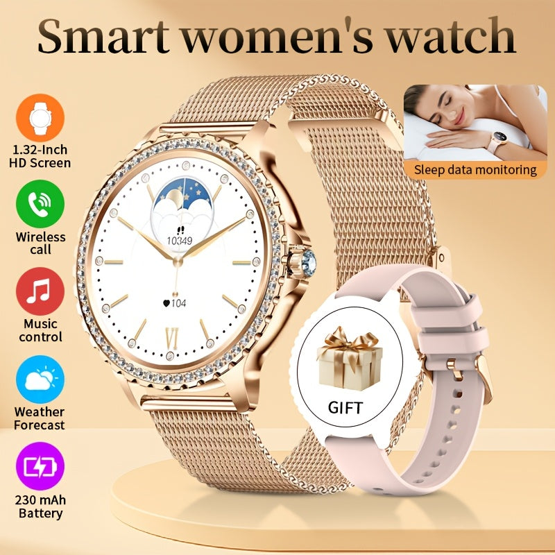 Women's Smartwatch by LIGE with Listed 1.32-Inch HD Display, Wireless Calling and 20 Sports Modes, Golden, Golden Mesh Belt or Silvery Options for iPhone Android