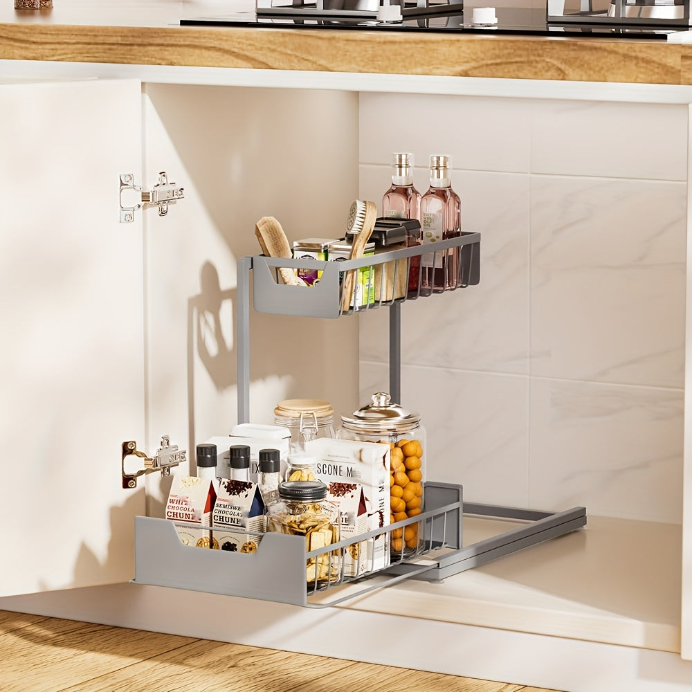 Two-Tier Sliding Under Sink Organizer for Kitchen and Bathroom Cabinets, Metal Pull-Out Storage Rack in Black, White or Gray with Single and Two-Pack Options