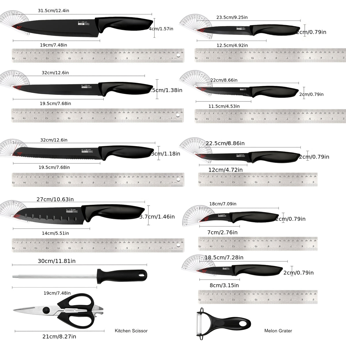 Hammered Kitchen Knife Set in Stainless Steel with Listed Wooden Handles, Storage Block and Sharpener for Home Cooking, 15-PCS or 20-PCS-Black Options