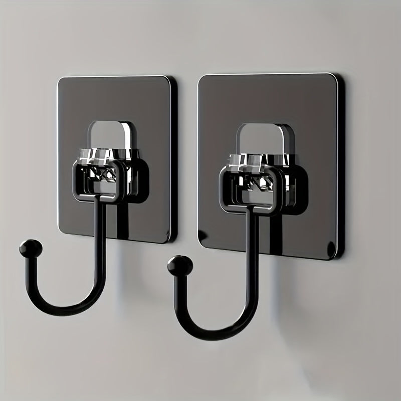 Large Self-Adhesive Wall Hooks, Black 2-Piece Set for Towels, Coats, Keys and Everyday Hanging Storage on Compatible Bathroom and Kitchen Surfaces
