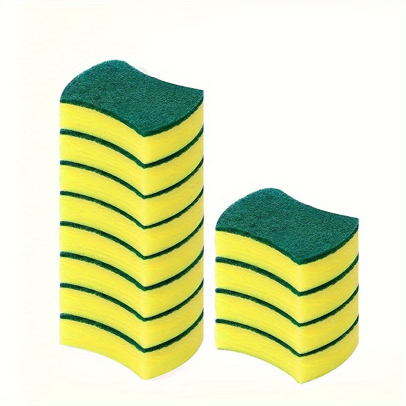Waist-Shaped Cleaning Sponges in Yellow and Green, 12- or 24-Piece Double-Sided Scouring Pad Options for Compatible Dishwashing and Household Kitchen Cleanup
