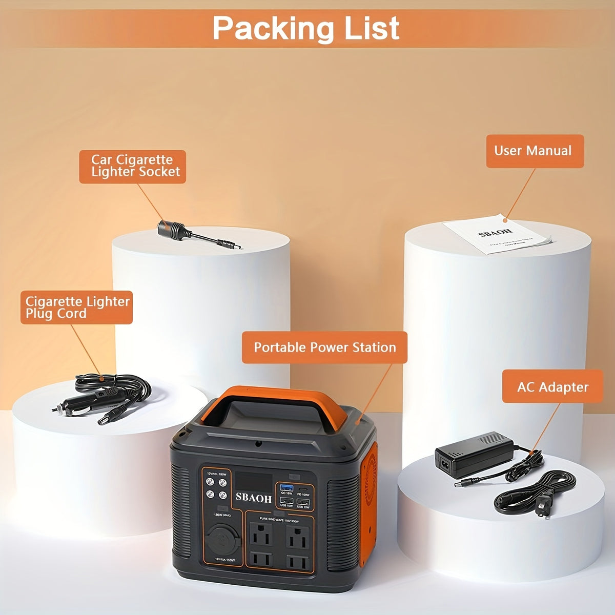 Portable Power Station 300W by SBAOH with Listed 296Wh Lithium-Ion Battery, 100W PD and Digital Display in Orange or Blue with Optional Solar Panel Package