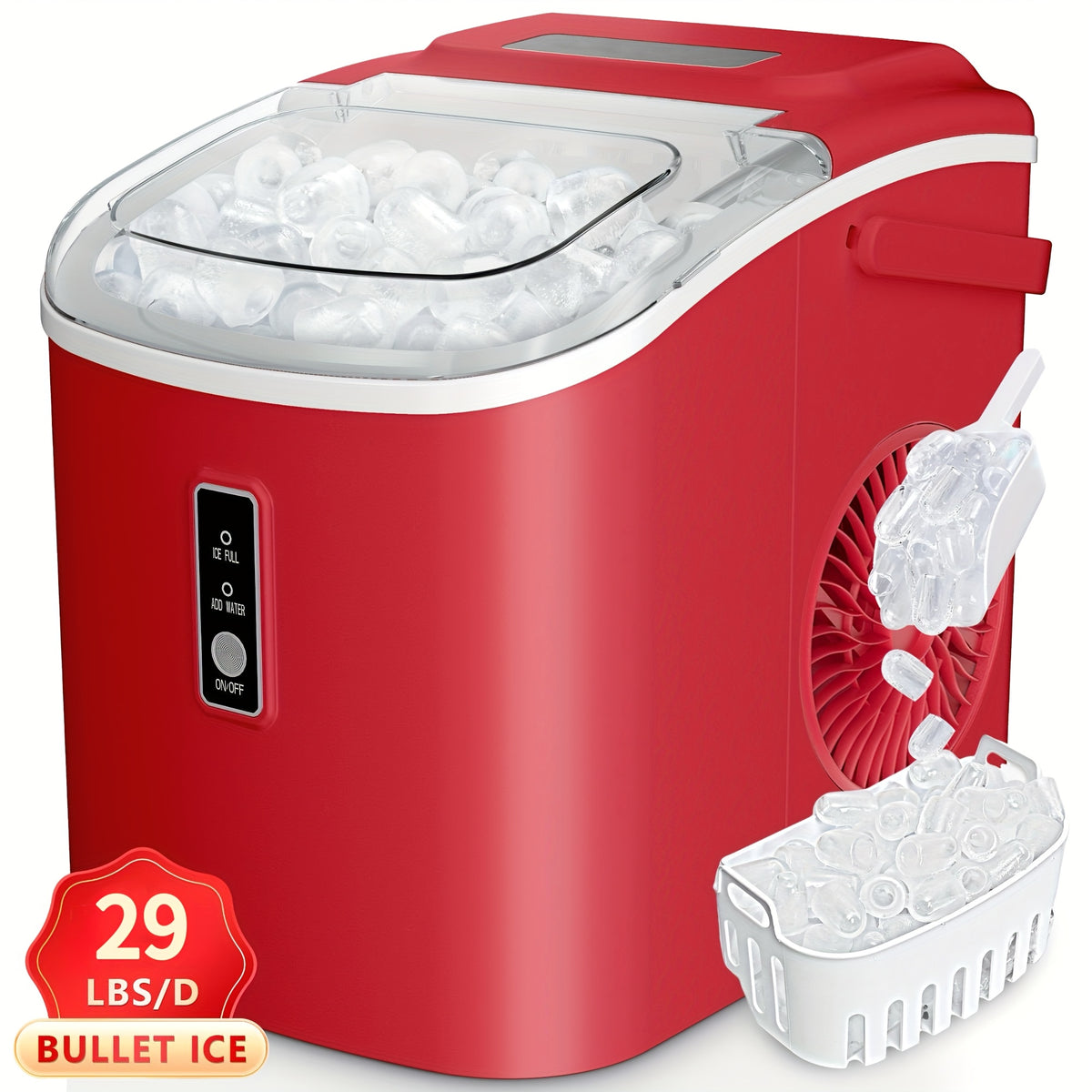 Portable Bullet Ice Machine, Self-Cleaning Ice Maker with Scoop and Basket, Black 26lb or Red and Silver 29lb Labeled Options for Kitchen Drinks and Gatherings