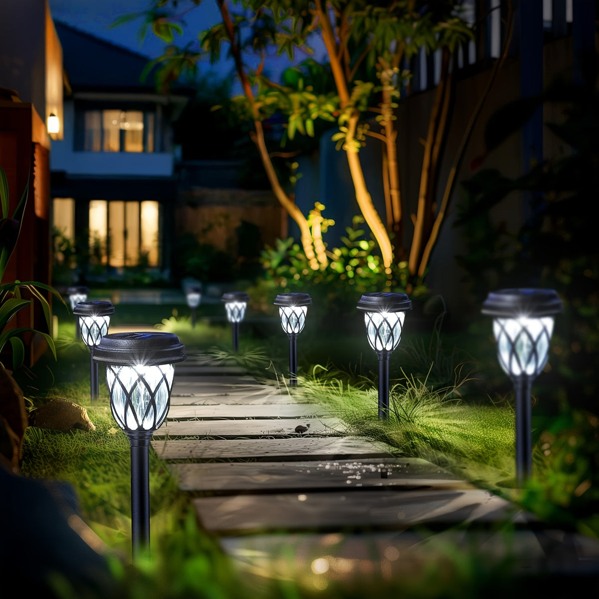 Solar LED Garden Stake Lights with Cross Grid Styling and Listed IP44 Rating, White Light 10-Pack or Warm Light 6-Pack for Yard, Patio and Landscape Accents