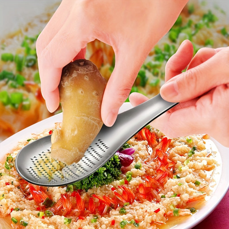 Ginger Grater Spoon, One-Piece Stainless Steel Manual Garlic Masher and Ginger Preparation Tool for Homemade Sauces, Dressings and Everyday Cooking